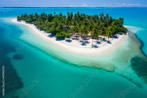 Paradise Found: Breathtaking Aerial View of Remote Tropical Island, Crystal Clear Waters, and Pristine Sandy Beaches