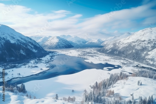 Winter's Majestic Serenity: A Breathtaking Aerial View of Snow-Covered Mountains, Frozen Lakes, and Pristine Wilderness