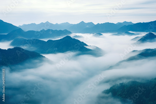 Mystical Fog Embraces Majestic Misty Mountains: Awe-Inspiring Aerial Serenity Captured from Above © aicandy