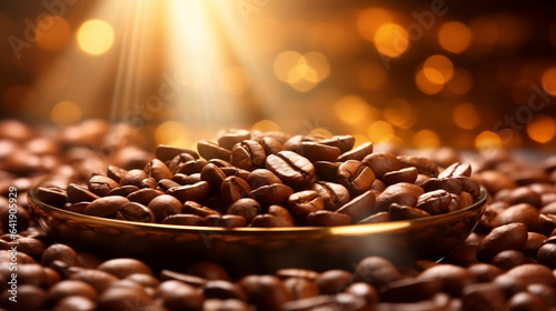 Freshly roasted coffee beans in wooden bowl in the morning, background with beautiful light and copy space, close up shot.