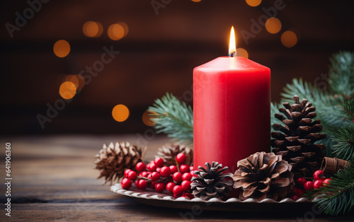 red candle, pinecones, pine branches, and Christmas ornament on wooden tabletop with bokeh background
