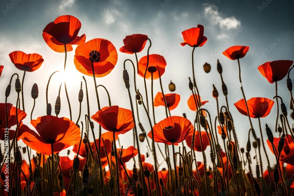 Obraz premium field of red poppies ,Close-up of poppies in a field 