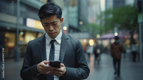 ビジネス街・都会でスマホ・スマートフォン・アプリを見るビジネスマン
 photo