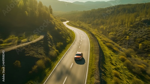 Aerial view of car driving on the road going through green trees and bushes during sunny day, AI Generative