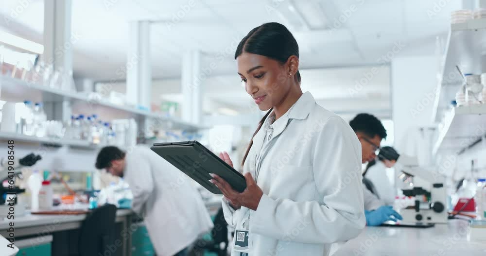 Woman, scientist and tablet in research, study or new discovery together at science laboratory. Happy female person, medical or healthcare worker smile with technology in data or scientific tests