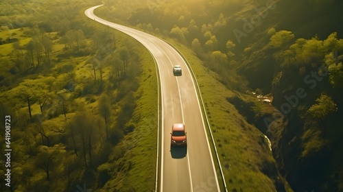 Aerial view of car driving on the road going through green trees and bushes during sunny day, AI Generative