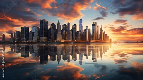 Amazing view of modern skyscrapers reflecting in calm water of river near bridge against cloudy sunset sky, AI Generative © Lucky Ai