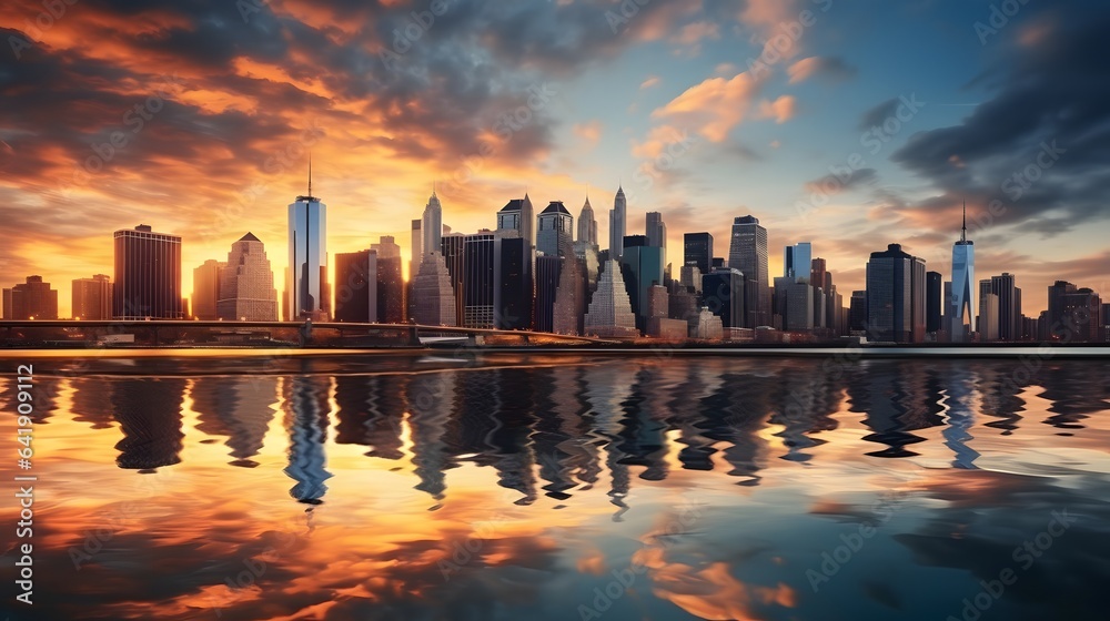 Amazing view of modern skyscrapers reflecting in calm water of river near bridge against cloudy sunset sky, AI Generative