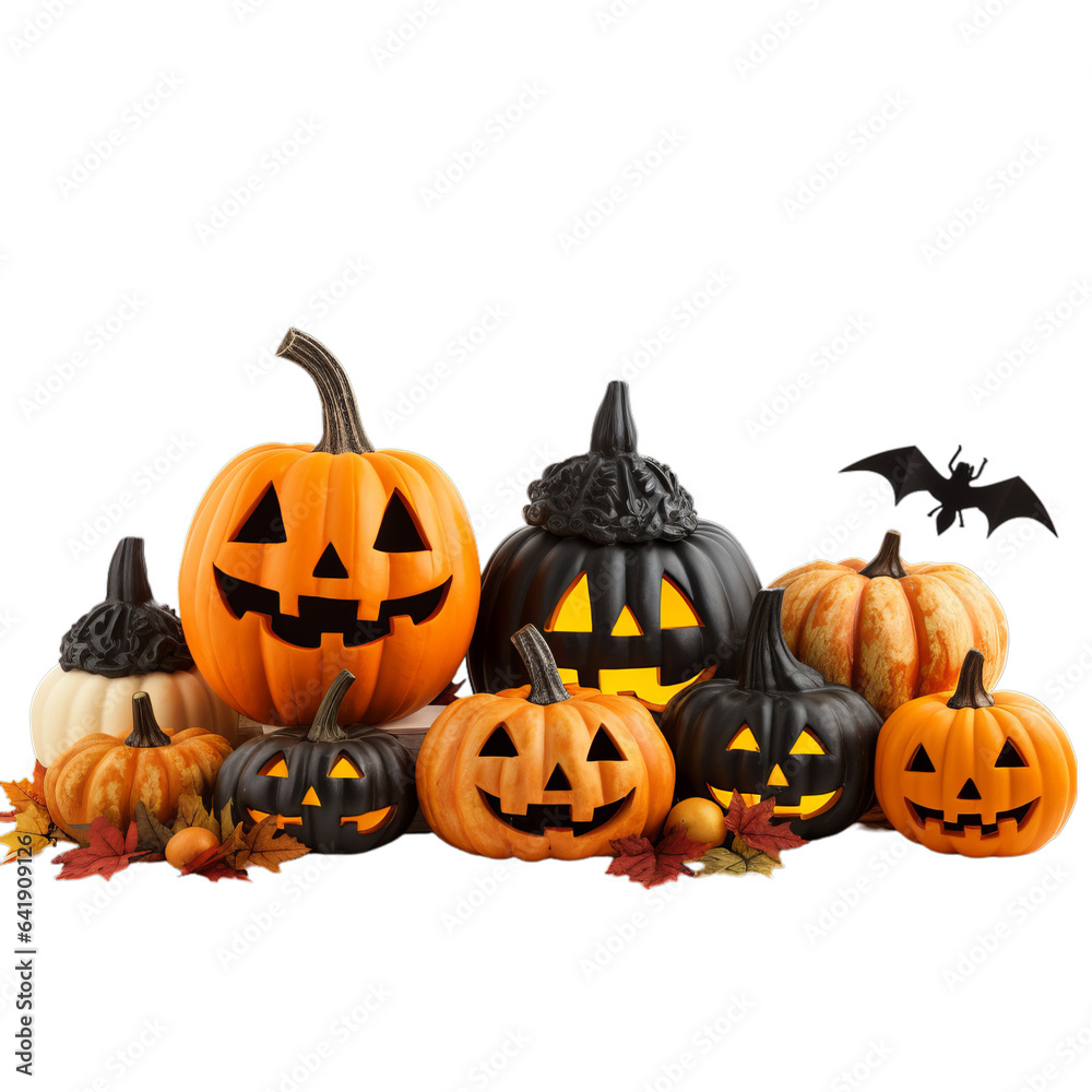 A spooky Halloween display with carved pumpkins and bats A spooky Halloween display with carved pumpkins and bats