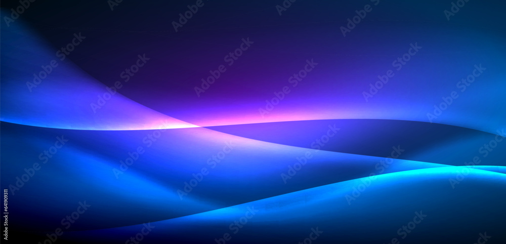 Dynamic waves in ethereal glow of neon lights. Concept merges fluidity of motion with vibrant allure of neon, crafting entrancing backdrop that embodies both vitality and futuristic sophistication Dynamic waves in ethereal glow of neon lights. Concept merges fluidity of motion with vibrant allure of neon, crafting entrancing backdrop that embodies both vitality and futuristic sophistication