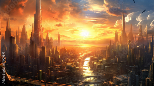 [AI生成画像]近未来都市 超高層ビル群と夕暮れ