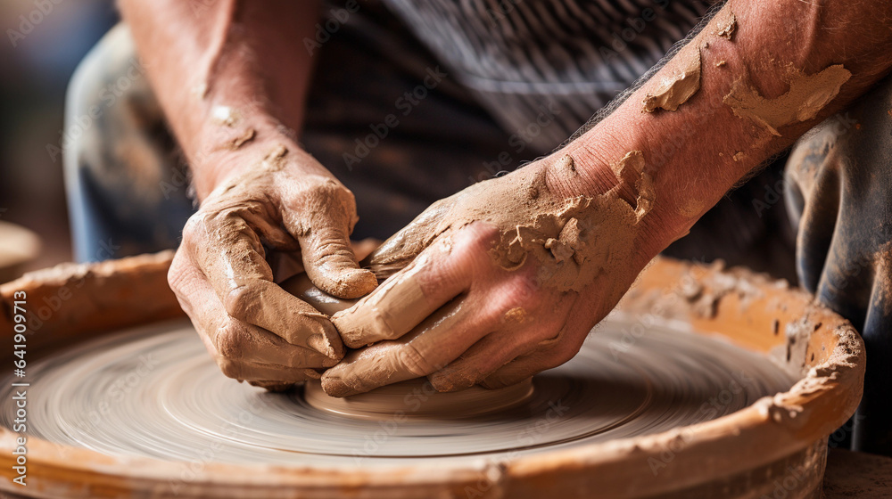 A Close-Up of a Potter's Hands Artfully Shaping Clay on a Wheel, Evoking the Beauty of Handcrafted Pottery