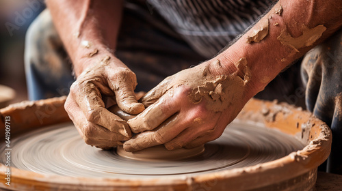 A Close-Up of a Potter's Hands Artfully Shaping Clay on a Wheel, Evoking the Beauty of Handcrafted Pottery