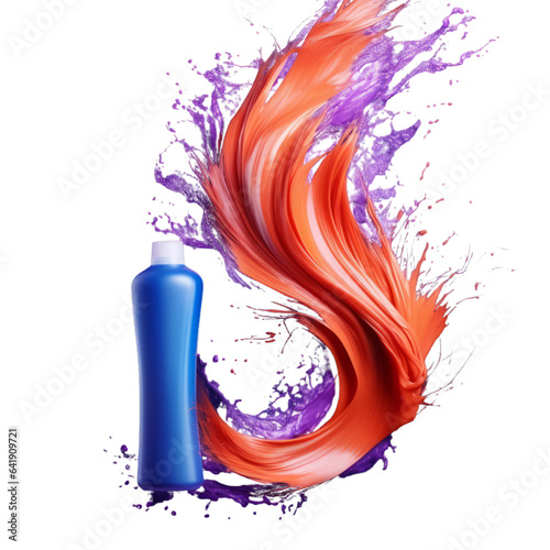 A colorful bottle of shampoo next to vibrant orange and purple hair strands photo