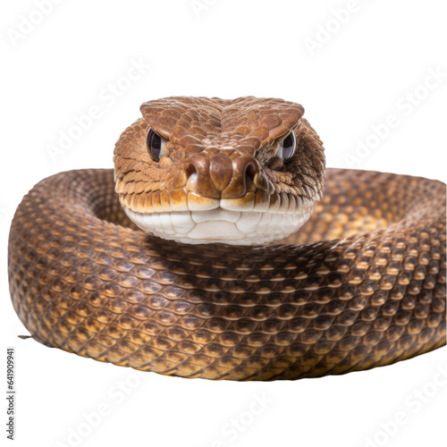 A close-up of a snake on a white background