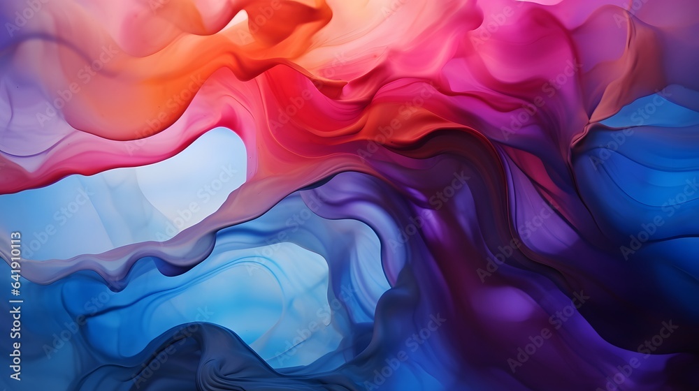 Beautiful abstraction of liquid paints in slow blending flow mixing together gently, AI generative