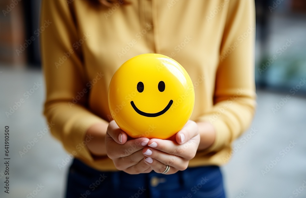 Ball with happy woman smile relax face, customer review, good feedback rating, think positive,assessment, good mental health, satisfaction, world mental health day, Calm mood, good mood.