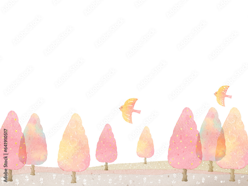 水彩で描いたメルヘンな秋の木々の風景イラスト 水彩で描いたメルヘンな秋の木々の風景イラスト
