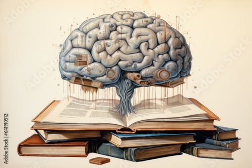 an open book with a brain, learning is power, science-based, collage-style, lifelike renderings, theatre academia