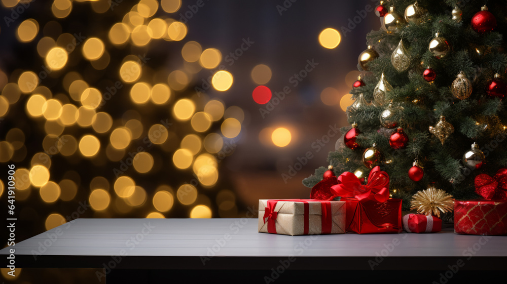 Empty table in front of christmas tree with decorations background. AI Generative.