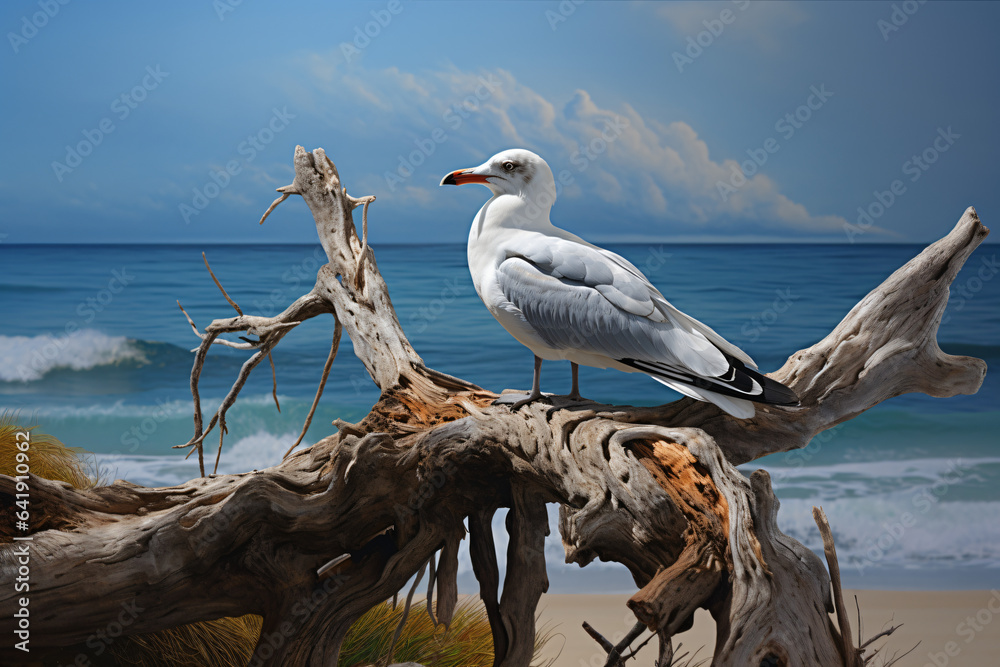 Grey headed albatross portrait with blue sky backgrund, albatross is perched on a branch in the wind