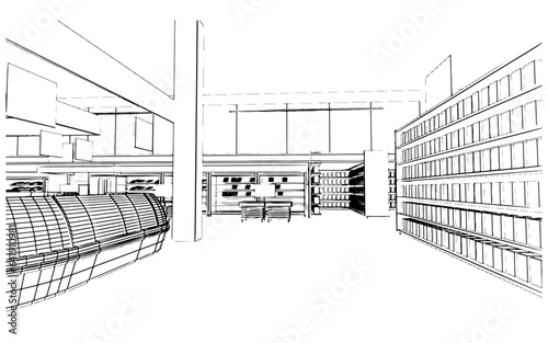 Line drawings of supermarkets selling various food items.,3d rendering