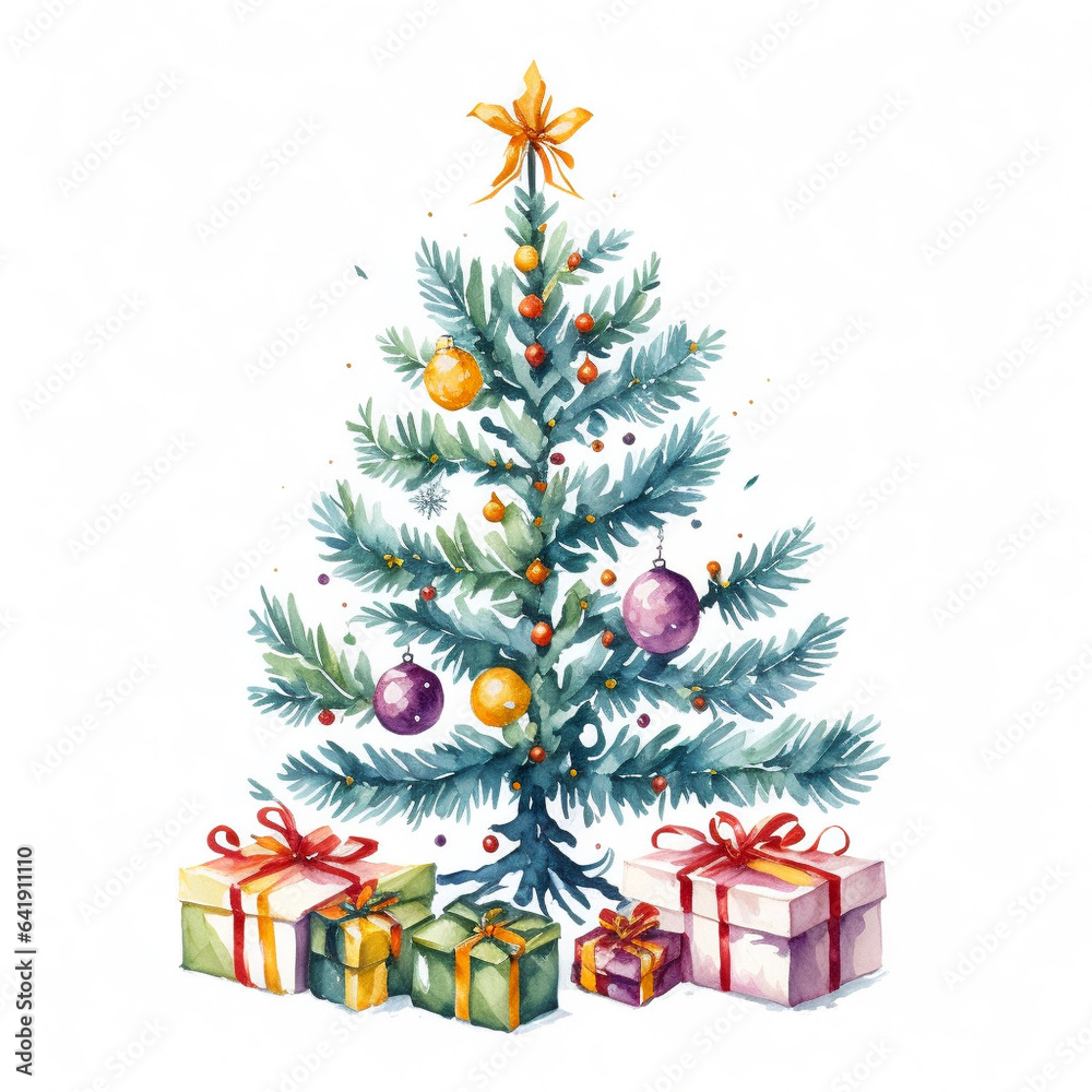 Beautiful christmas tree gifts watercolor, great design for any purposes. Holiday greeting card design. New year symbol, created with AI Generative technology