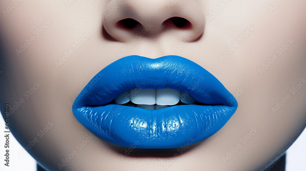 Obraz premium A Close-Up of a Face with Striking Makeup, Half-Opened Lips in Bold Blue, and Front Teeth Glimpsed