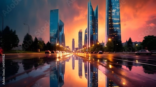 Contemporary tall four towers skyscrapers located on rainy street with wet asphalt road against colorful evening sky, AI Generative