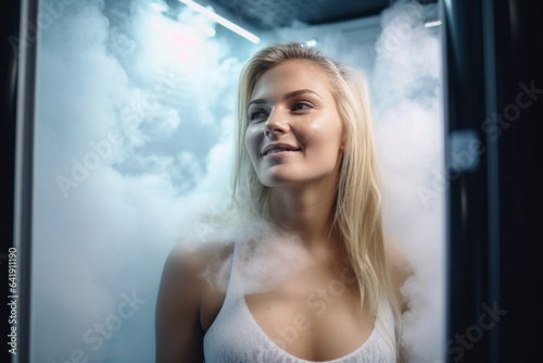 Beautiful woman in cryo therapy cabin, steam room or shower. AI photo
