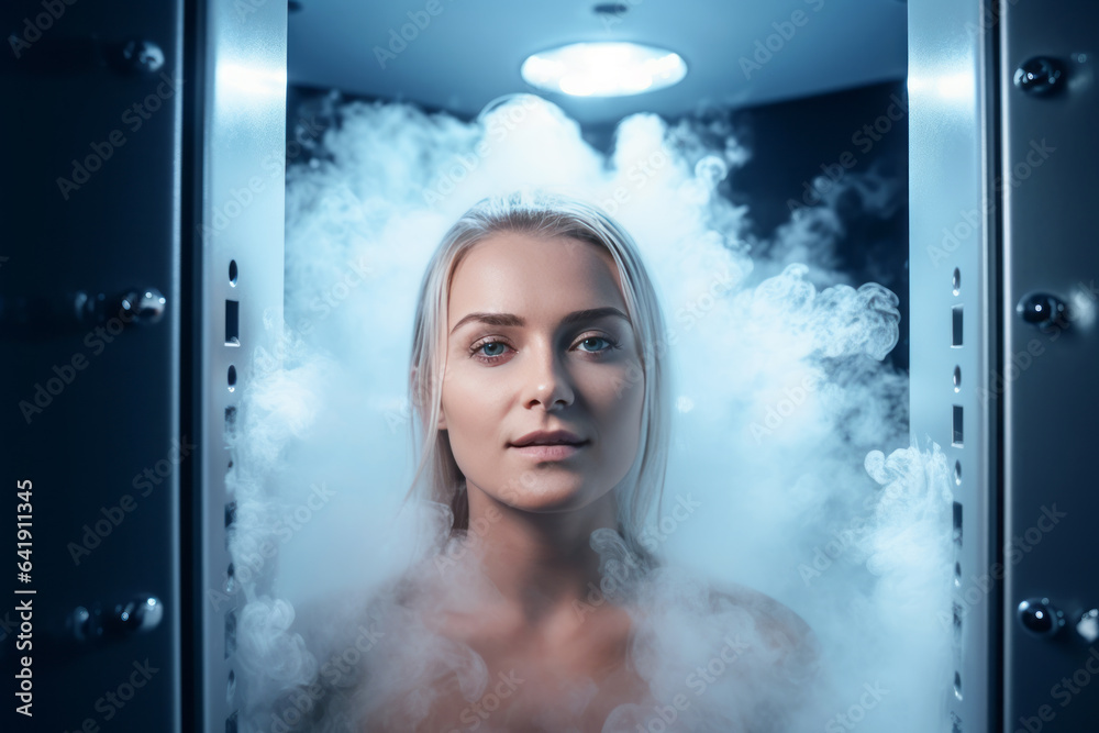 Portrait of young woman in cryotherapy, steam room, shower at a spa