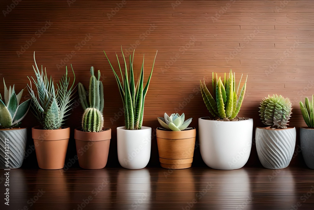 Plants in pots at wall background, houseplants potted in flowerpots in row Plants in pots at wall background, houseplants potted in flowerpots in row