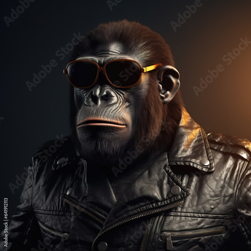 Image of stylish cool gorilla wearing sunglasses as fashion and wore a leather jacket. Modern fashion, Animals, Illustration, Generative AI.