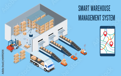 3D Isometric Smart Warehouse Management System with Warehouse simulation, Logistics flexibility, Robotic process automation and Accurate inventory counts. Vector illustration eps10