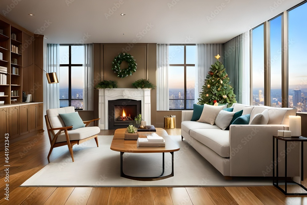 modern living room with  fireplace and a christmas tree