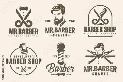 Set of vintage barber shop logo, labels, badges and design element.