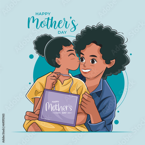 Happy Mother's Day. African American happy mother posing with her daughter vector illustration