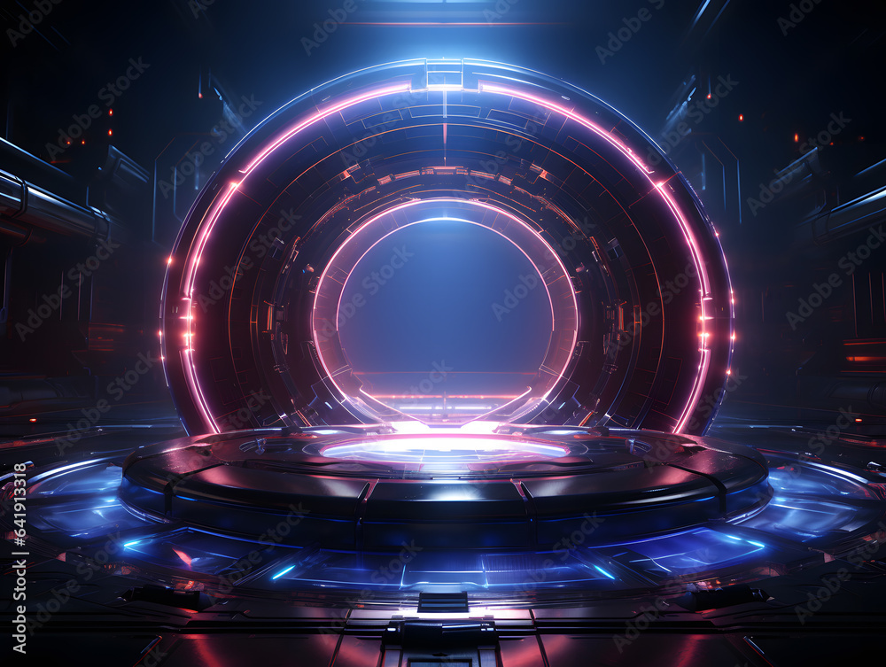 Futuristic technology tunnel with glowing lights and city in the background