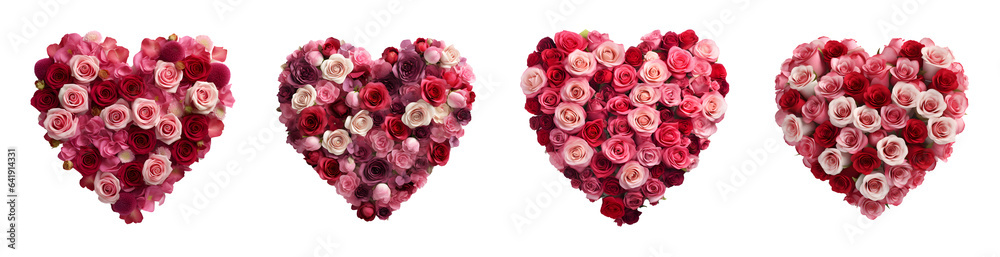 Set of Valentines Day Heart shape made of red roses decorations elements, isolated on white and transparent background, ai generate - obrazy, fototapety, plakaty 