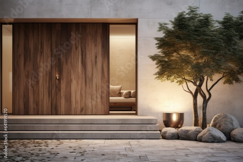 Modern Scandinavian style home front model entrance to the front door of the house The large door has a mirror reflecting inside and steps. Big tree on the cement wall.