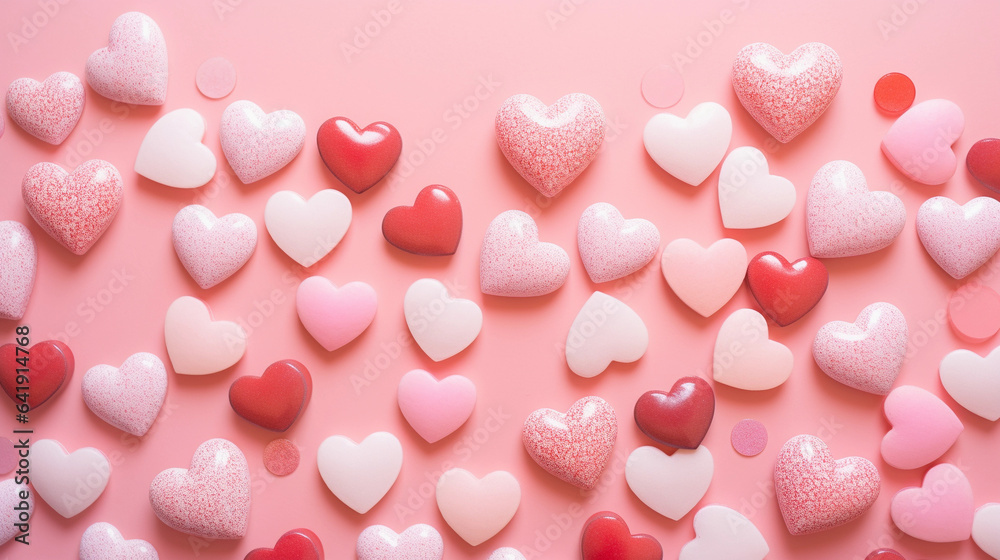 Pink and Red Hearts Spread Over a Pink Surface