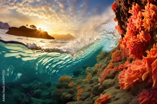 A wave crashes over a coral reef at sunset. Generative AI. © serg3d
