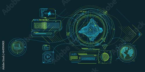 Futuristic geoscience software screen design with data decoding.