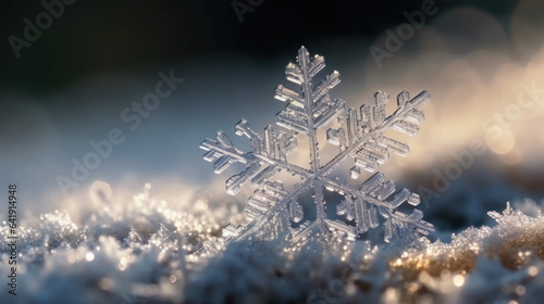 Close up shot of snowflake on the ground. Glittering Snowflakes in Sunlight created with Generative AI Technology © Andrew Hemmings