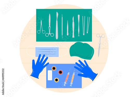 Teenager desktop top view. Flat vector illustration. Top view of wooden table. Workplace background illustration
