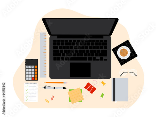 Teenager desktop top view. Flat vector illustration. Top view of wooden table. Workplace background illustration