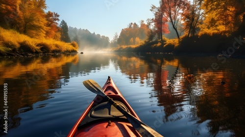 kayak sailing down a river on a sunny autumn day against yellow foliage trees and fog reflected in the water. Exploration of wild pristine nature and wanderlust concept. AI Generative