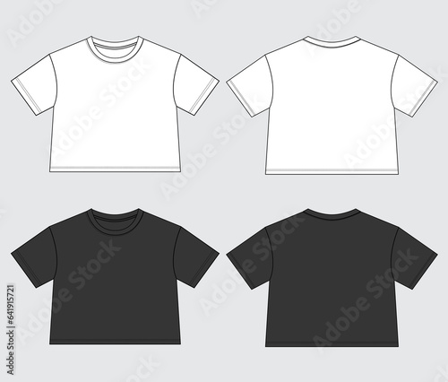 White and black color Short sleeve Basic T-shirt tops technical fashion flat sketch vector Illustration template front and back views. Basic apparel Design Mock up for Kids and boys.