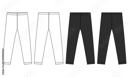 White and black color leggings pant technical drawing fashion flat sketch vector illustration template front and back views isolated on white background