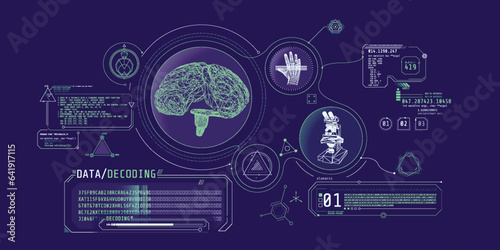 Brain research futuristic interface screen with data decoding.